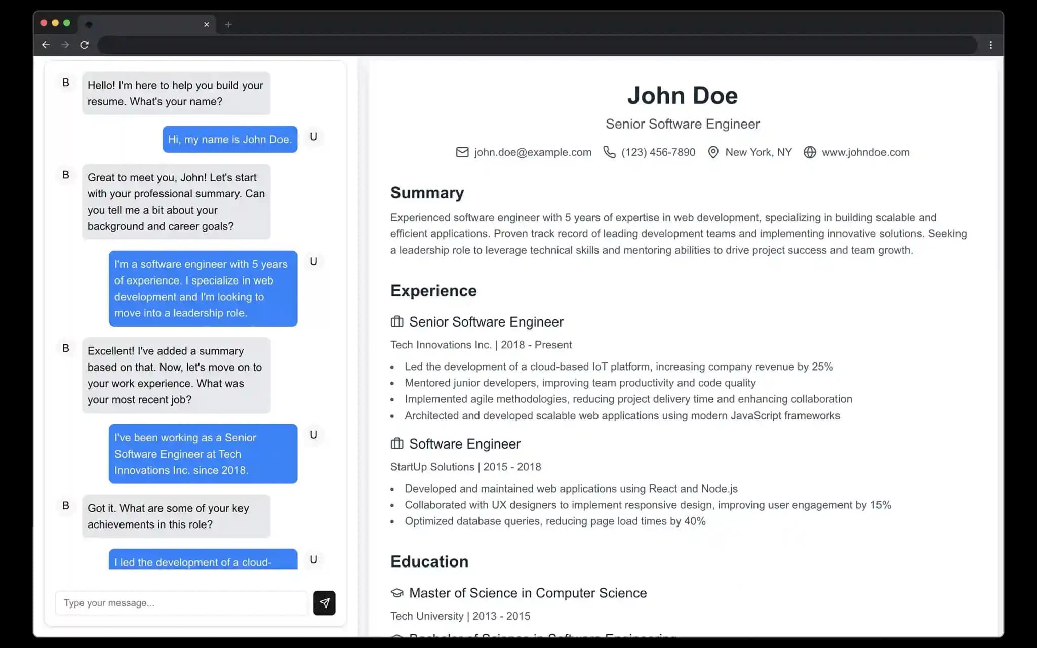 Create a professional resume in minutes with our AI driven chat based resume builder.